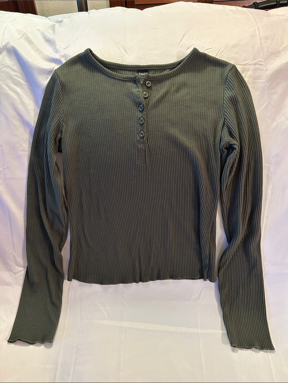 Olive Ribbed Button-Front Long Sleeve Henley